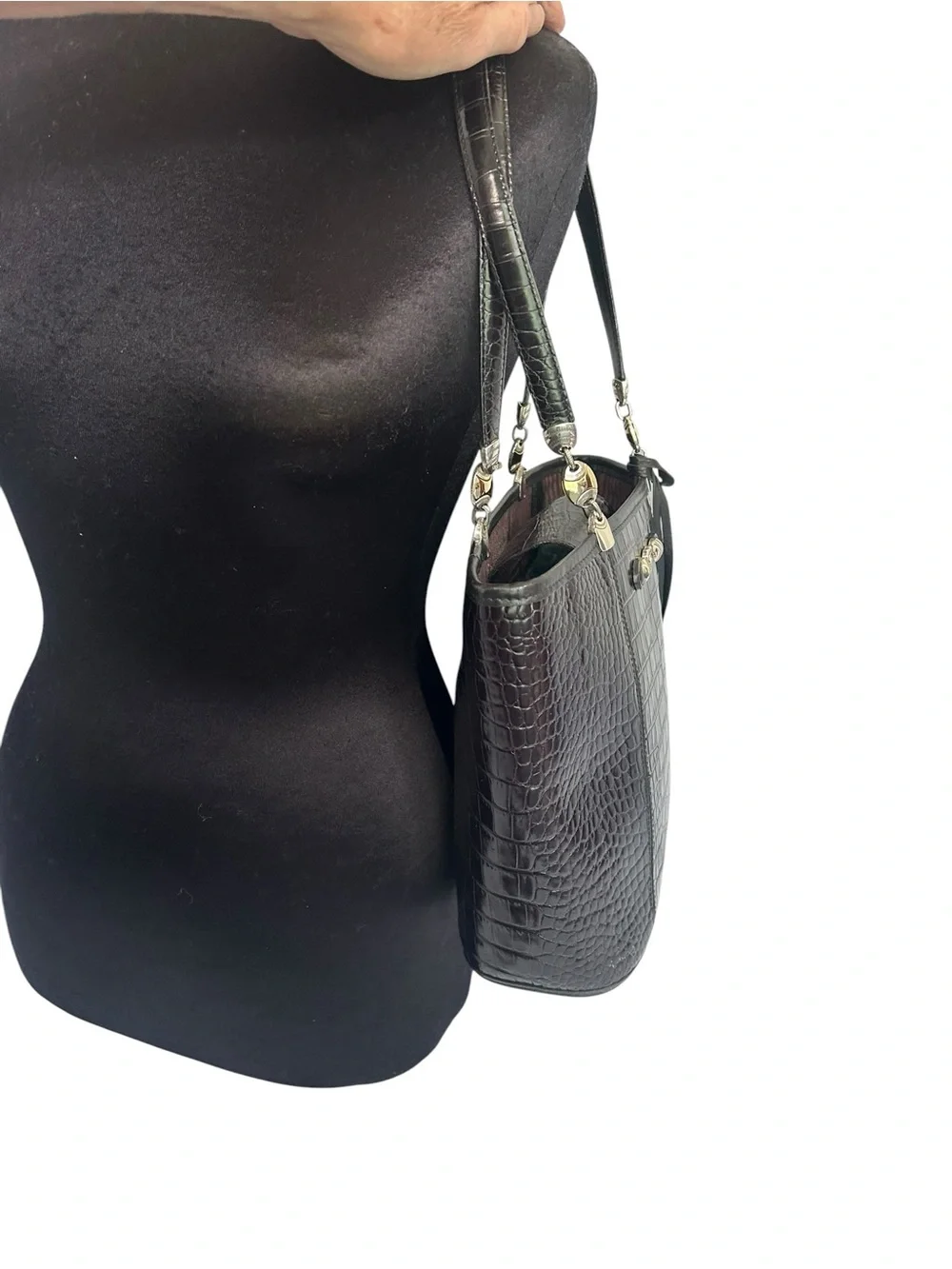 Vintage Brighton Shiny Black Croc Embossed Leather Shoulder Bucket Bag Purse